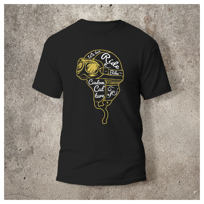 Tshirt Noir Dos Biker Casque Blanc et jaune -  